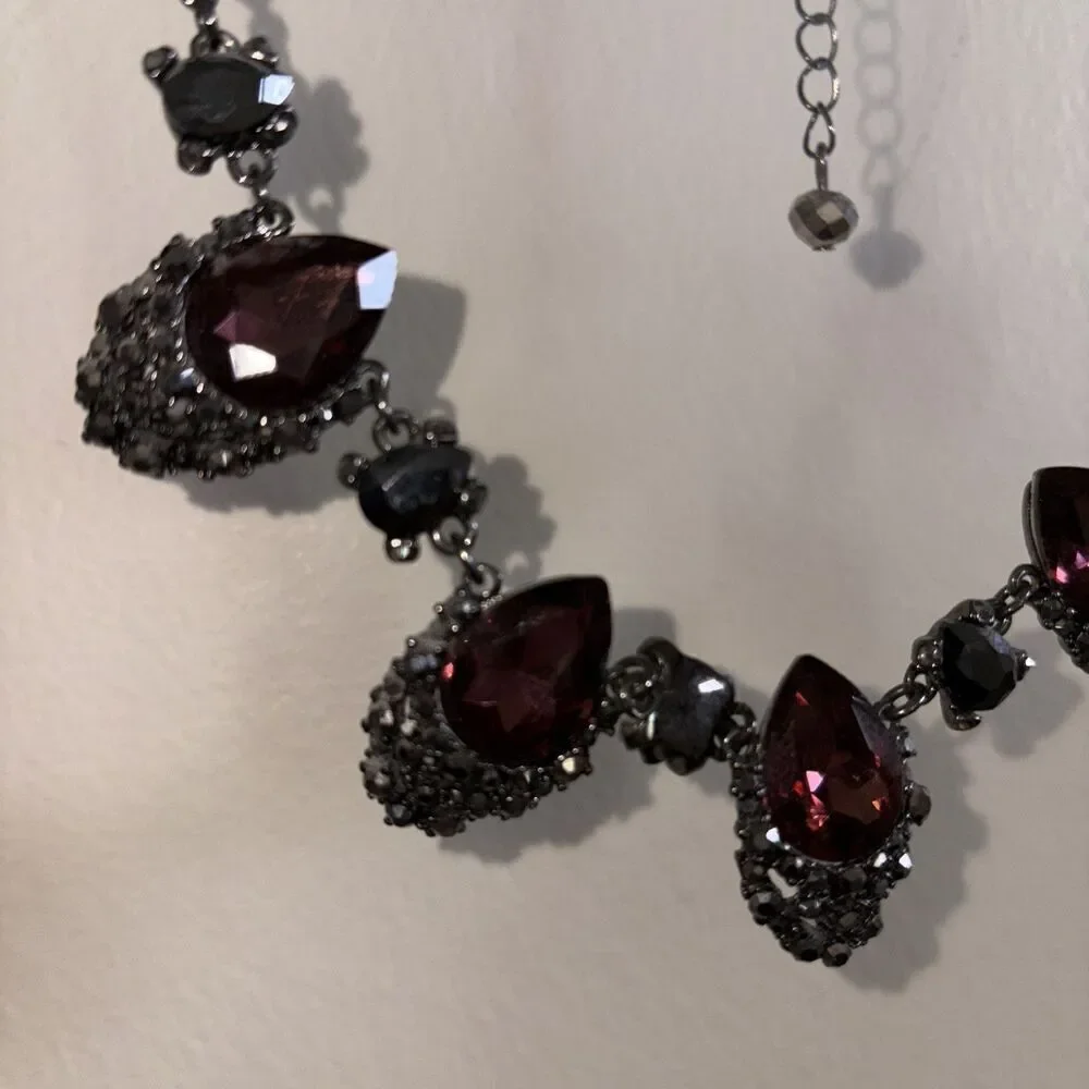 White House Black Market Dark Pink & Black SilverTone Statement Bold Necklace